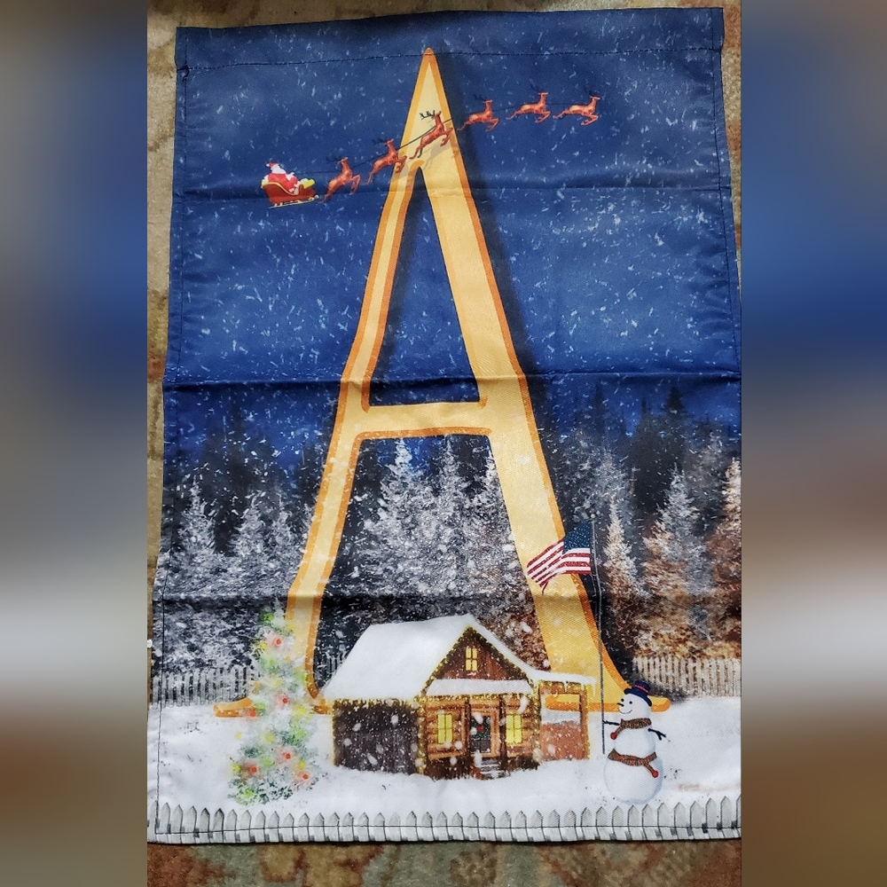 Free With $25 Garden Flag Monogram A snowman cabin christmas tree doublesided 1